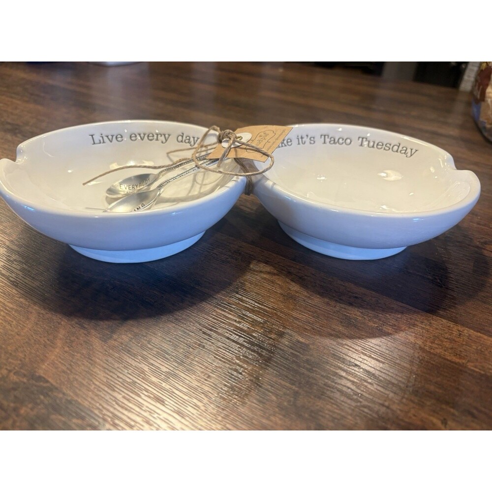 Mud Pie "Live Like Taco Tuesday" Guacamole Salsa Serving Dip Bowl with 2 Spoons